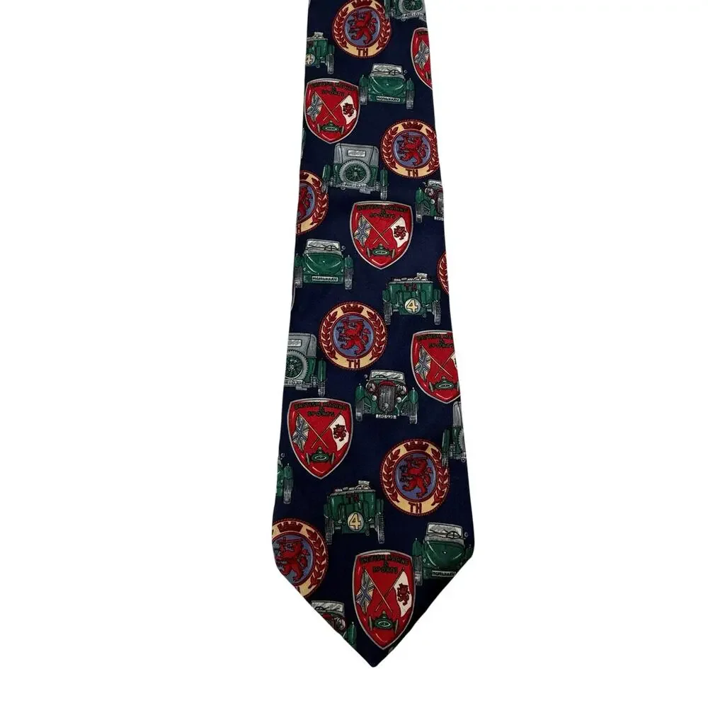 VTG Tommy Hilfiger Silk Necktie Heraldic Crest Shield Race Car Blue Red Made USA